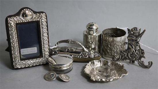 A miniature embossed white metal mug and sundry small silver etc.,